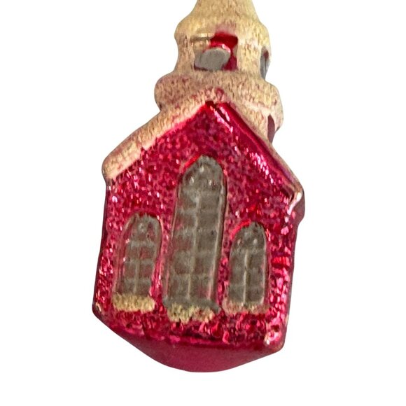 Vintage 3.75" West Germany Glass Church Ornament Red Mica Snow Steeple 1950 - Picture 5 of 8